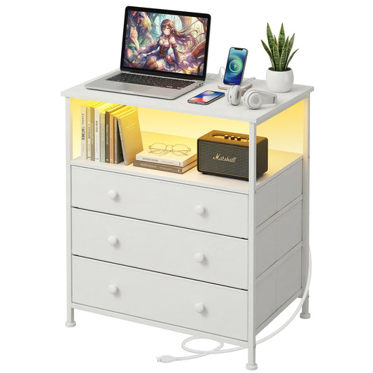 PATAVOT 3-Drawer LED Nightstand with Charging Station, White.