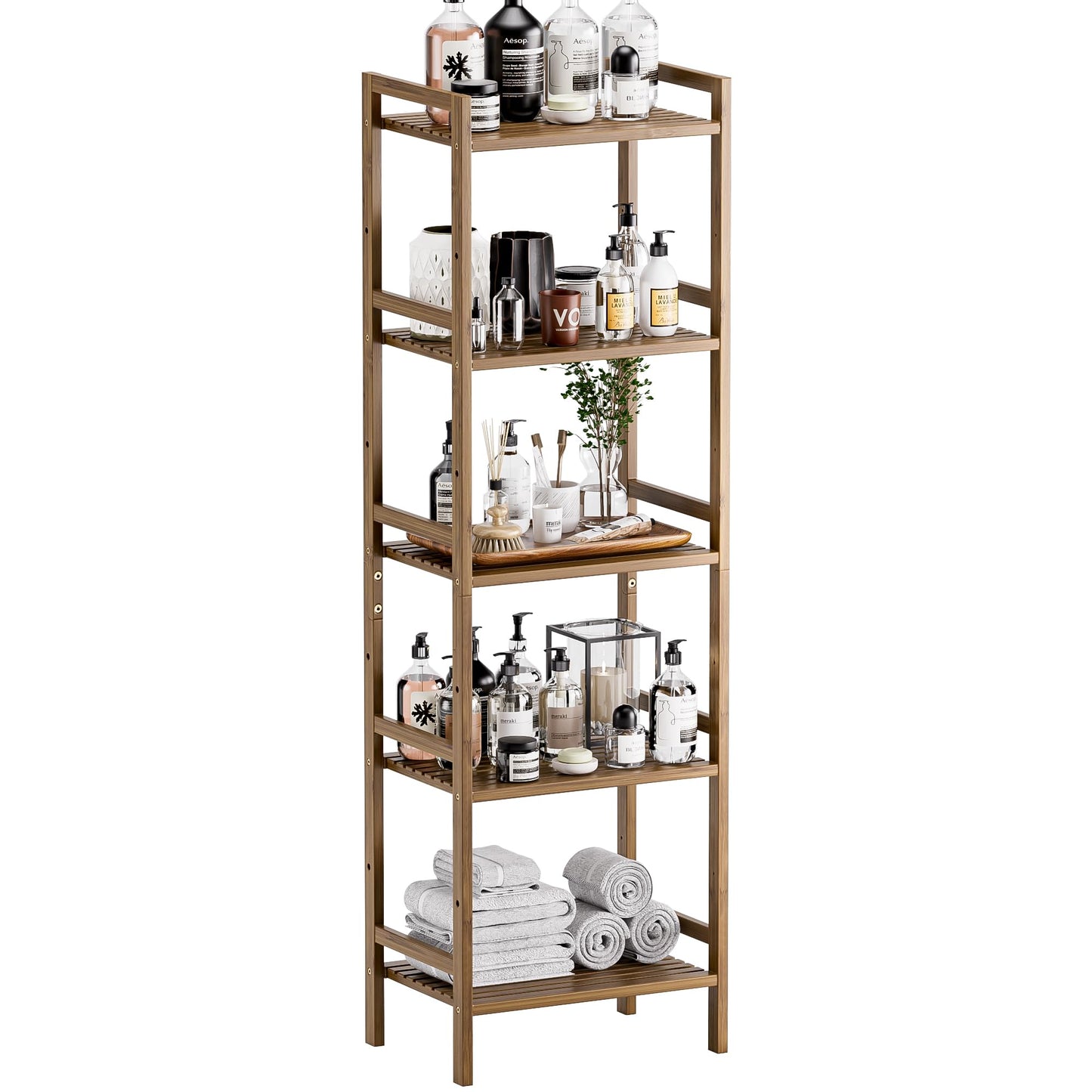 HITNET Bamboo Book Shelf, Tall Narrow Bookcase, Bathroom Shelving Unit 5 Tier Floor Standing Adjustable Bookshelf for Small Spaces, Walnut