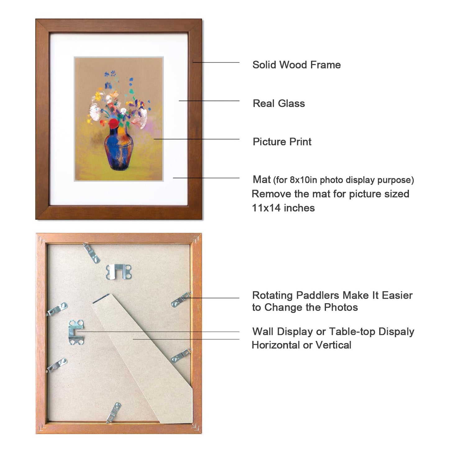 DEKWINN 11x14 Picture Frame Set of 2 Made of Solid Wood with Real Glass for Pictures 8x10 with Mat or 11x14 Without Mat, Wall Mount or Tabletop Gallery Photo Frames, Brown
