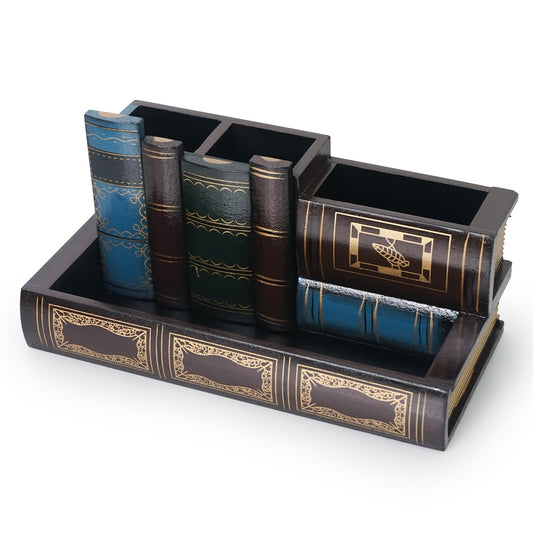 DreamsEden Vintage Pen Holder Library Book Design Wooden Caddy Decorative Pencil Holder Stand Art Craft Desk Organizer for Office Supplies, Shelves, Countertop, Table