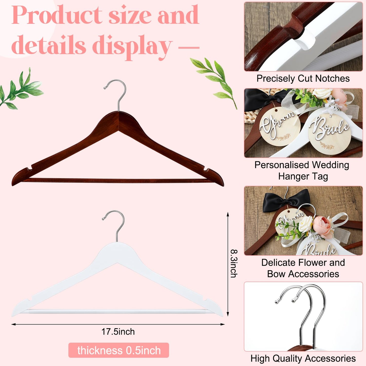 FillTouch 2 Pack Bride Hanger for Wedding Dress Elegant Bride Dress and Groom Tuxedo Suit Wooden Hanger with Bow Tie for Wedding Day Gift Supplies Bridal Party Shower(Pink)