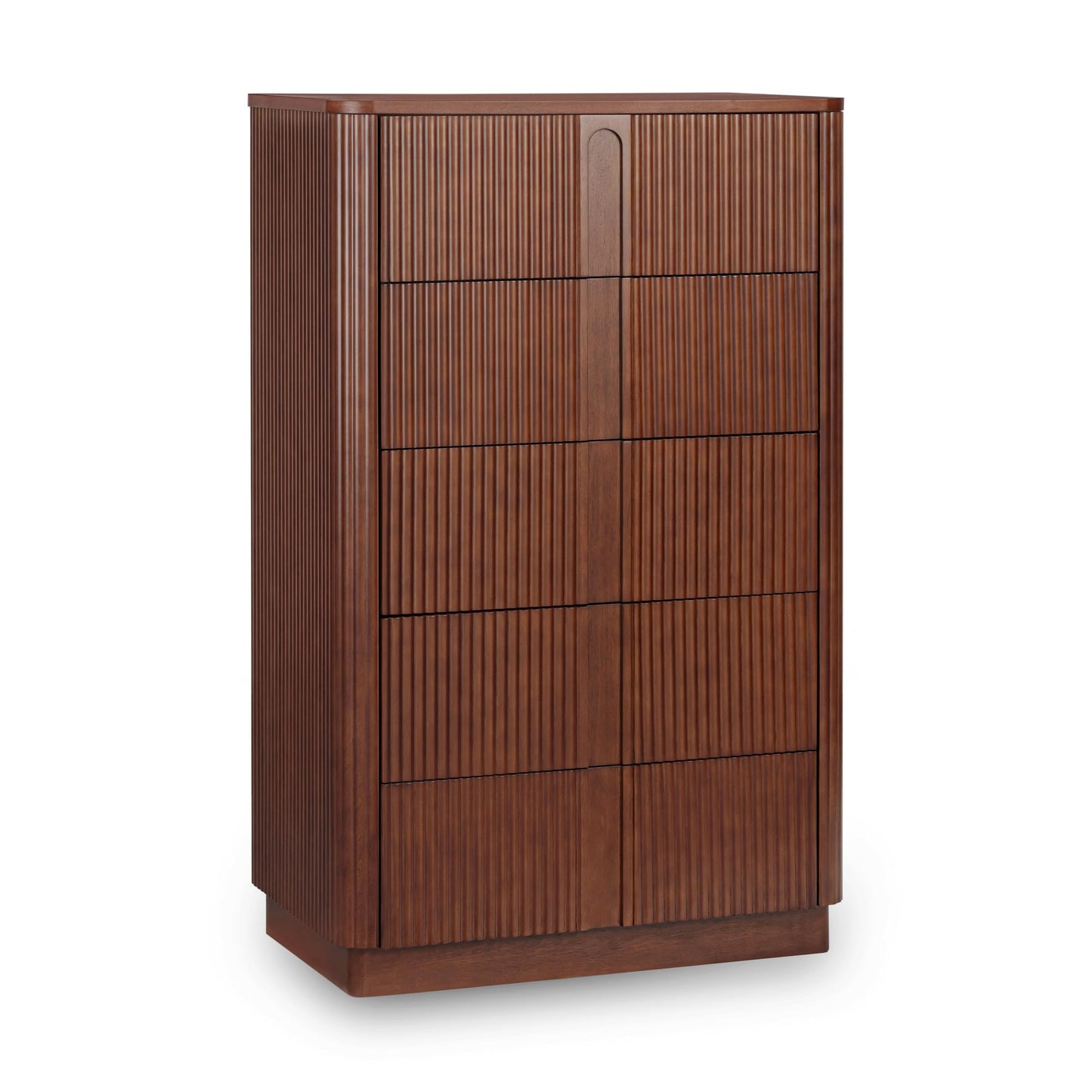 Teamson Home 30'' W Large Storage 5-Drawer Dresser Push to Open Modern Scandinavian with Rounded Edges and Reeding Pattern Bedroom Furniture Clothing Chest in Warm Walnut Finish