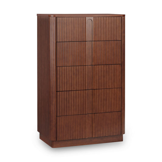 Teamson Home 30'' W Large Storage 5-Drawer Dresser Push to Open Modern Scandinavian with Rounded Edges and Reeding Pattern Bedroom Furniture Clothing Chest in Warm Walnut Finish