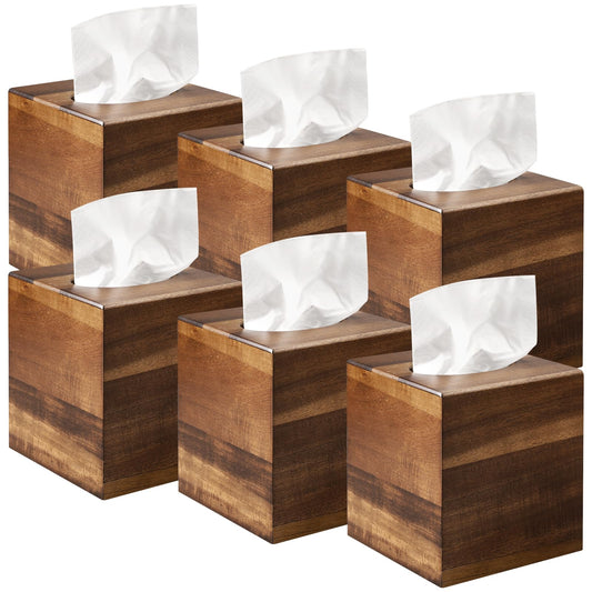 6 Pack Wooden Tissue Box Cover Bulk Square - Acacia Wood Tissue Box Holder for Tabletop Stands Bathroom Office- Decorative Facial Wood Tissue Box Cover for Modern Farmhouse Decor-Standard Walnut Color