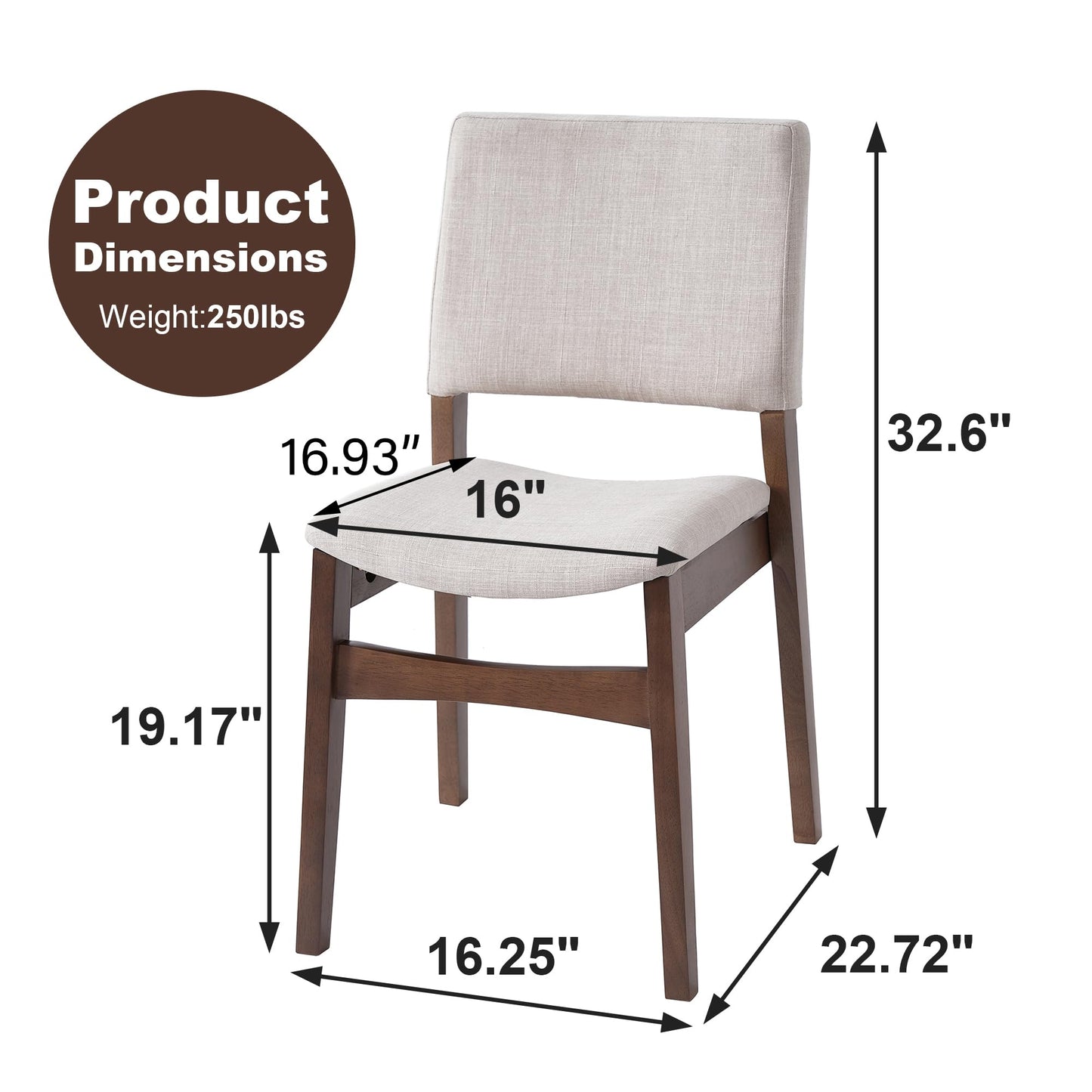 Upholstered Stackable Dining Chairs Set of 2 Linen Fabric Seat Backrest, Solid Wood Frame, Rustic Kitchen Chairs for Dining Room, Living Room, Dark Walnut