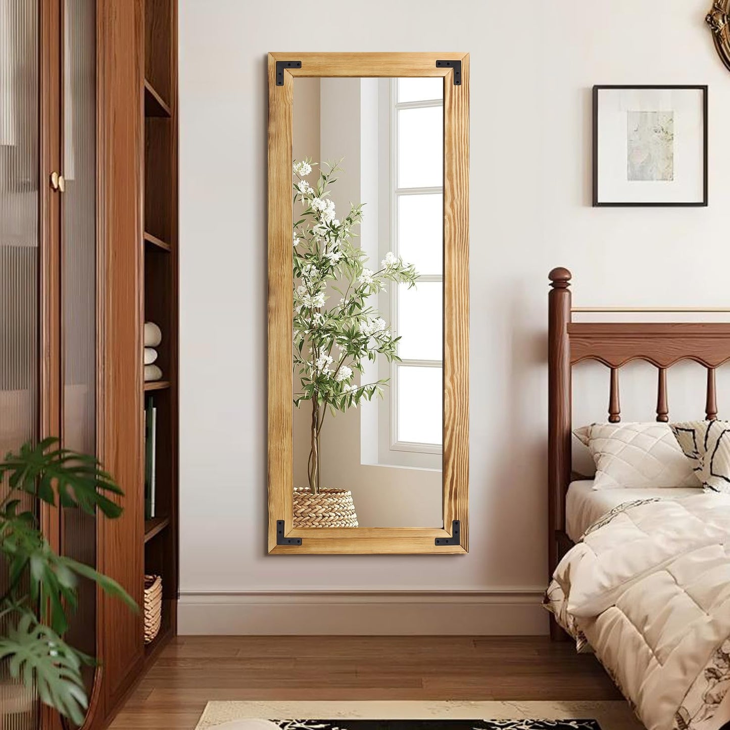YNCLCS 55"x22" Full Length Mirror with Wooden Frame，Natural Wooden Standing Mirror, Solid Wood Frame, Hanging or Leaning Wall-Mounted, Suit for Farmhouse, Living Room, Bedroom (Light Brown)