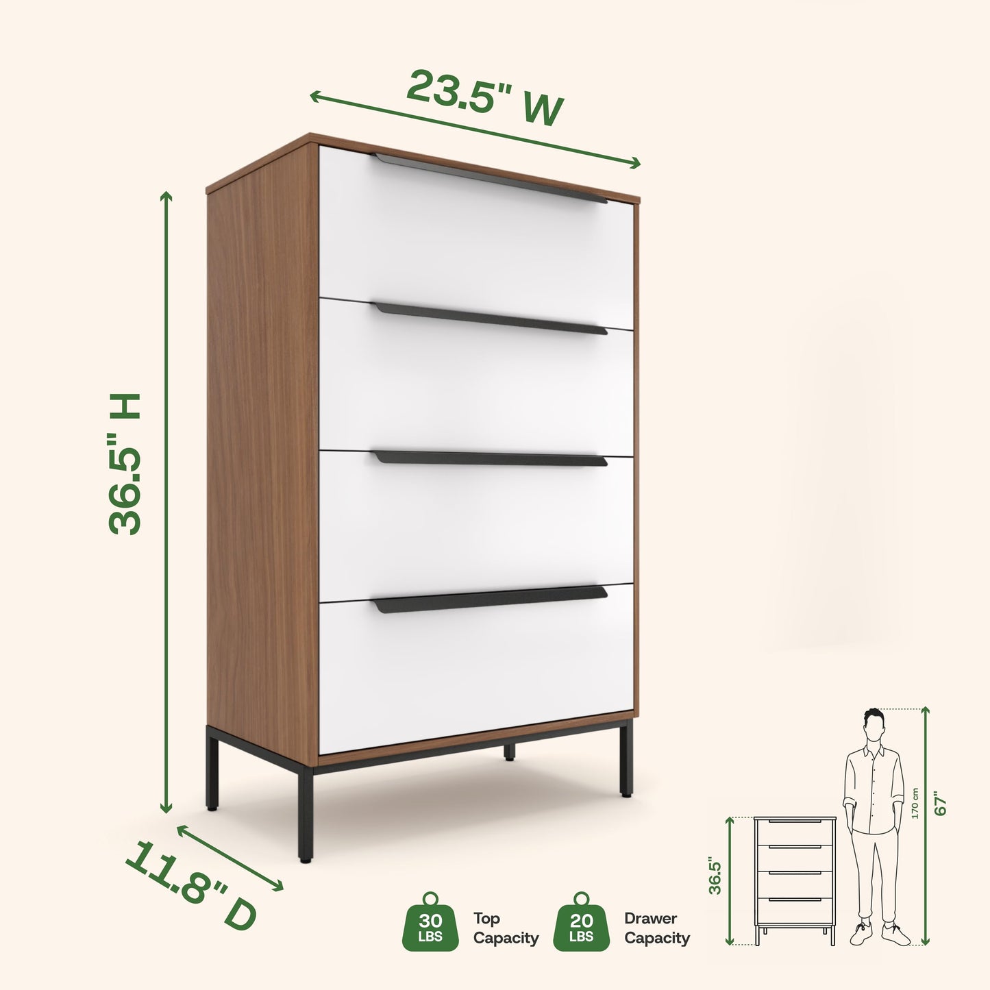 tinge Lira Premium 4 Drawer Fabric Dresser - Engineered Wood Frame Chest of Drawers for Bedroom - Strong & Sag-Proof Clothing Organizer with Sleek Metal Handles (Dark Brown)