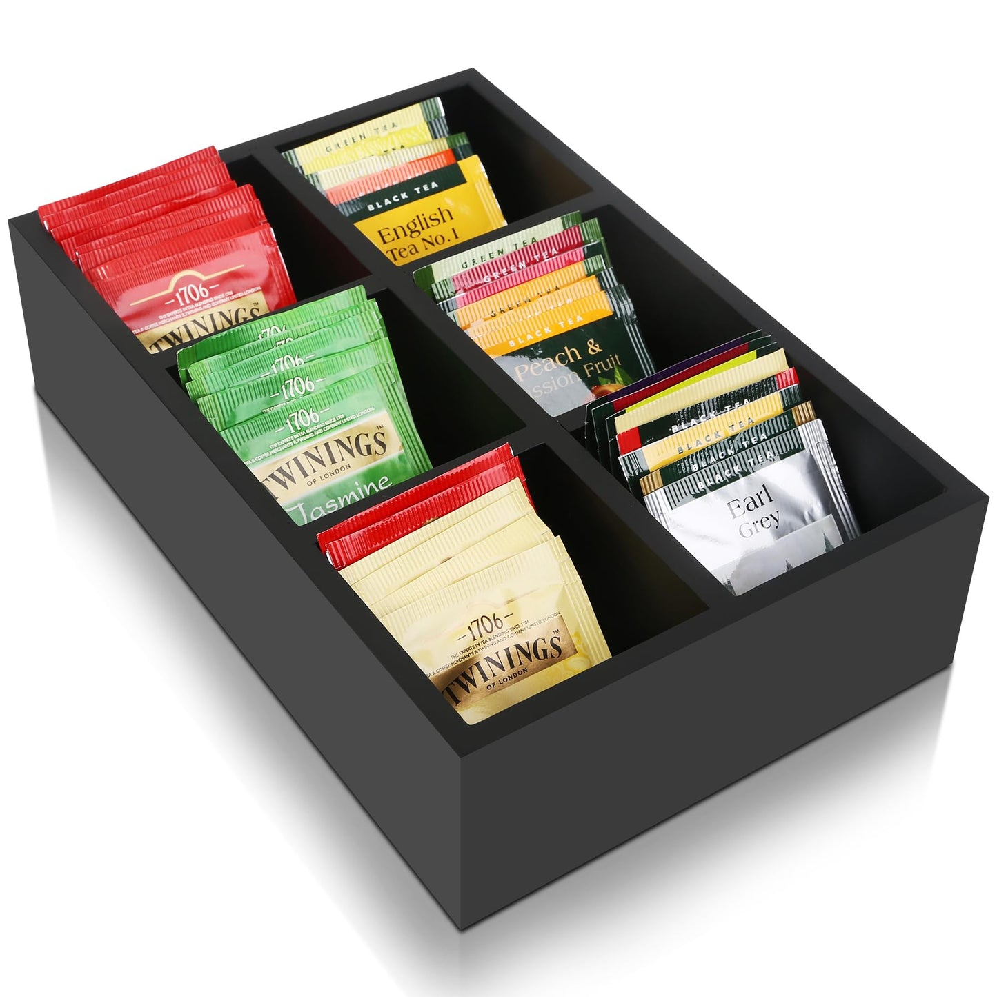Tea Bag Box Black 6 Compartments Tea Organizer Storage Wood Drawer Station