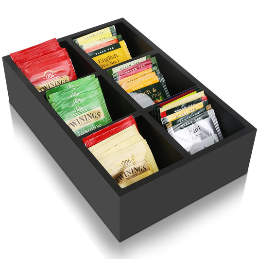 Tea Bag Box Black 6 Compartments Tea Organizer Storage Wood Drawer Station