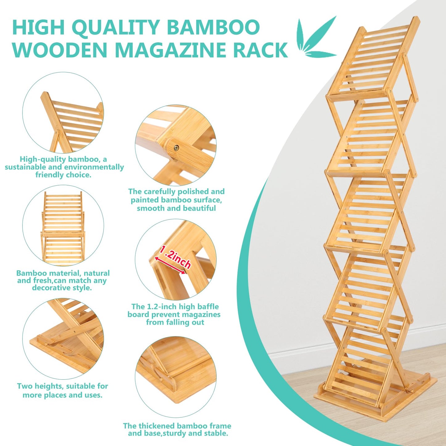 Choowin Foldable Magazine Rack Floor Stand Brochure Display Stand Literature Display Rack Holder Bamboo Wood Magazine Rack for Home Office Retail Display Exhibitions Trade Show Portable 5 Pockets