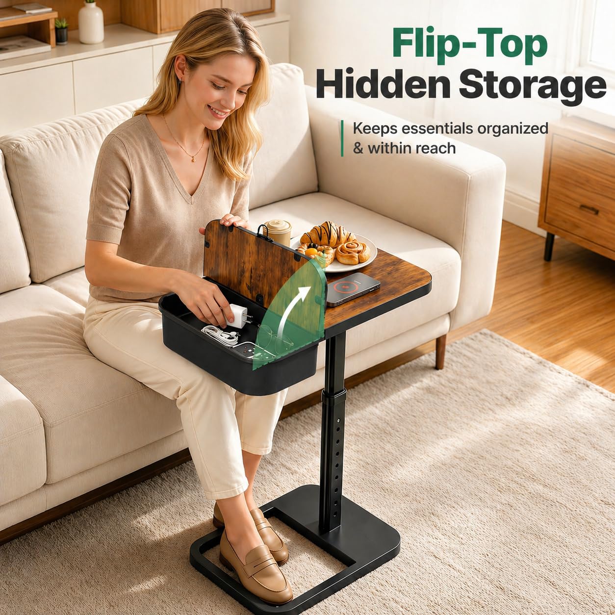 Kitstorack Large TV Tray Table with Flip-Top Storage Compartment for Extra Storage Space, 9 Adjustable Heights TV Trays, Safe Rounded Corners for Living Room, Bedroom, Study, Home Office, Brown