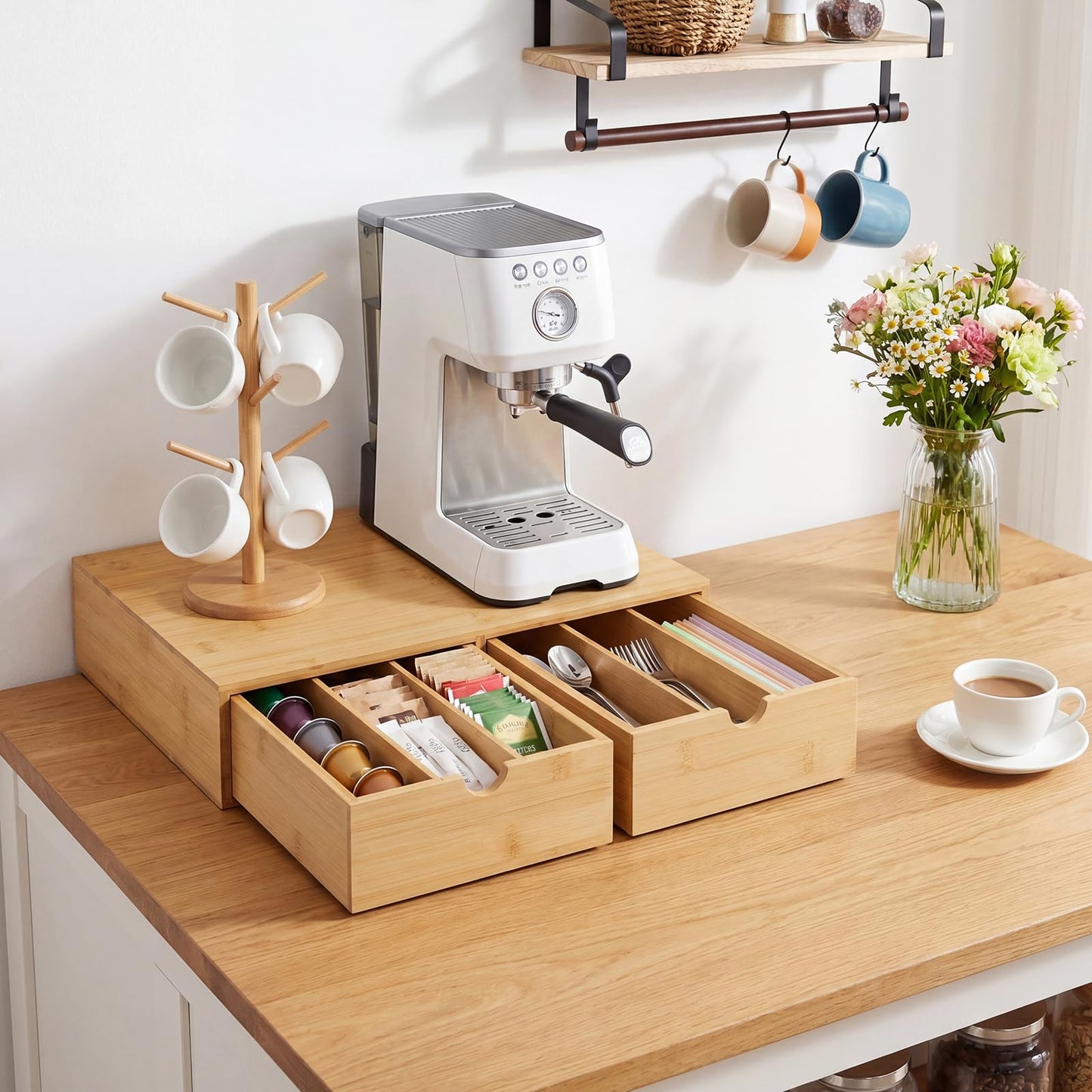 RRX Bamboo Coffee Pod Holder Drawer,15.35''Lx11.22''Wx3.35''H (Beige, 30)
