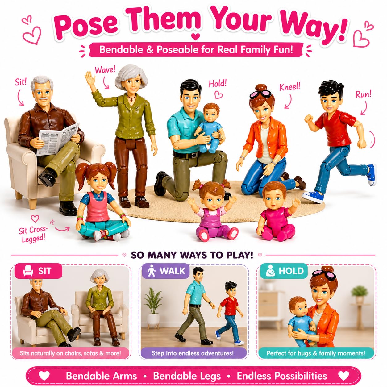 Beverly Hills Sweet Li’l Family Bendable Mini Dollhouse Figures | Set of 9 Grandpa, Grandma, Mom, Dad, Sister, Brother, Toddler, Twin Boy & Girl Pretend Play (1:12 Scale)