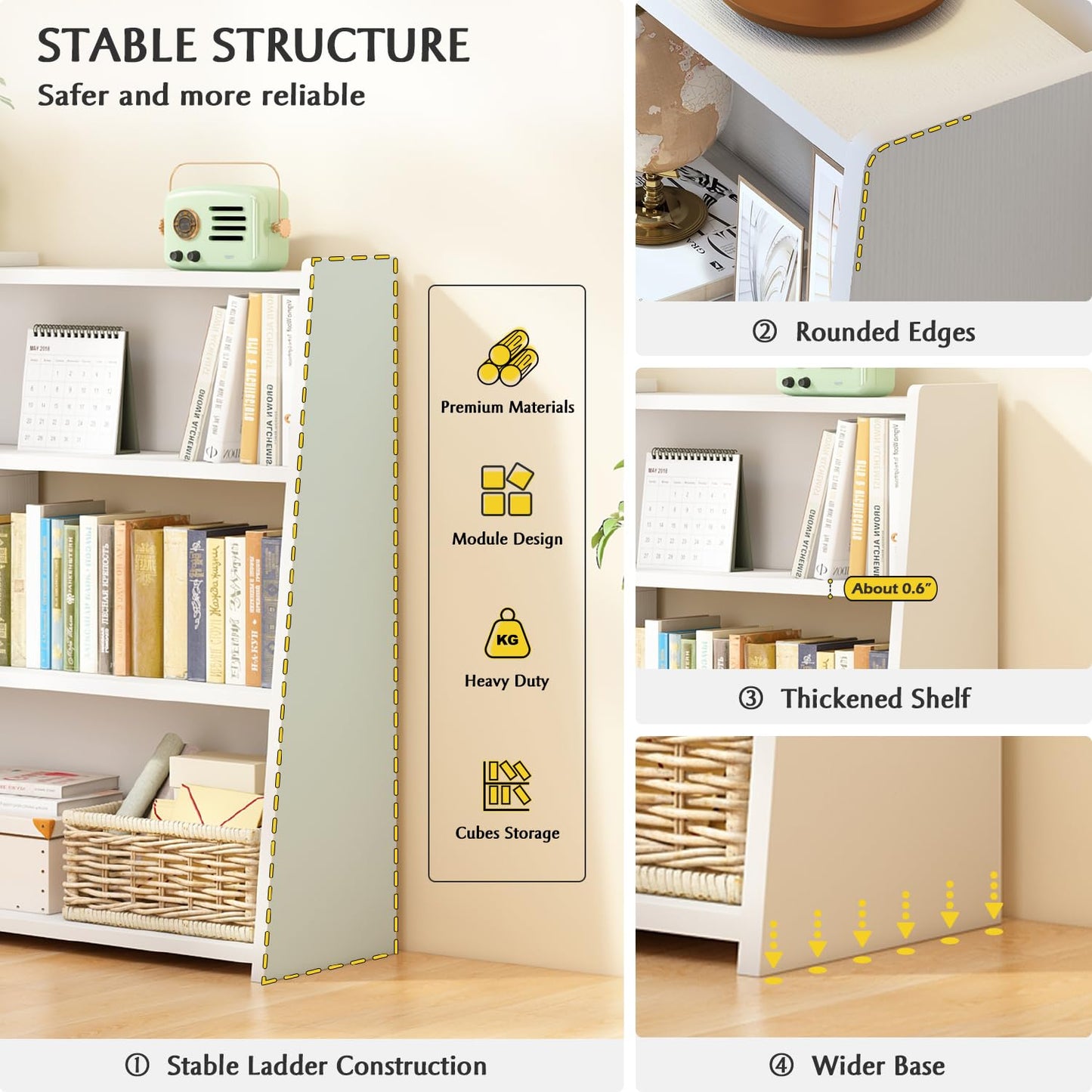 IOTXY Wooden Extendable Shelf Bookcase - 3-Tier Ladder Low Short Bookshelf for Small Space or Corner, White, S