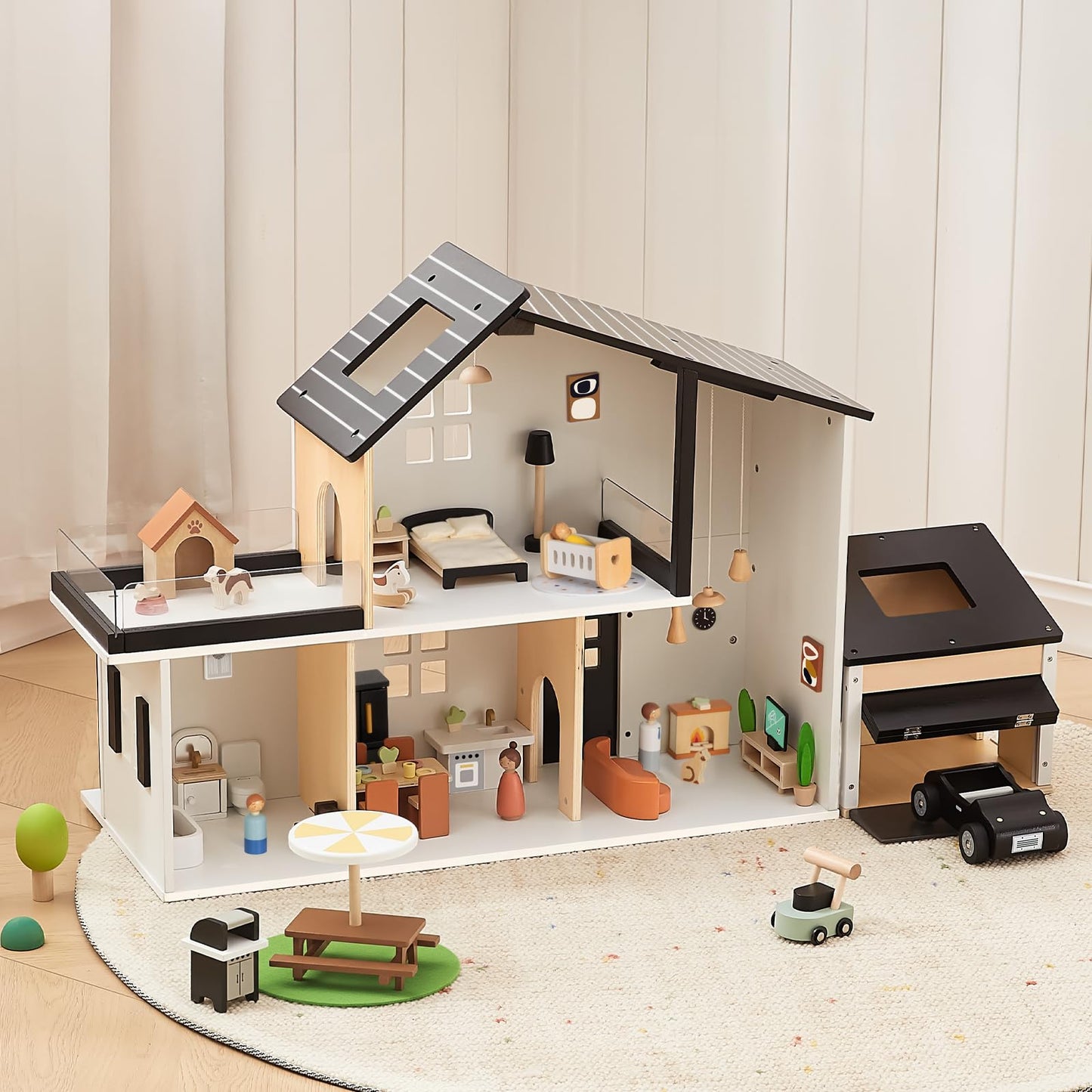 OOOK Wooden Dollhouse Garage Set Includes Workbench, Lawn Mower, Bicycle and Car, Dollhouse Furniture & Accessories for Kids