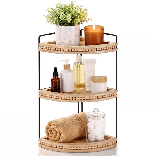 Novabright 3-Tier Corner Bathroom Counter Organizer Rustic Farmhouse Vanity Storage Shelf Vintage Wooden Countertop Shelf Black Metal Frame Wood Bead Decor for Bathroom Kitchen Dresser Living Room