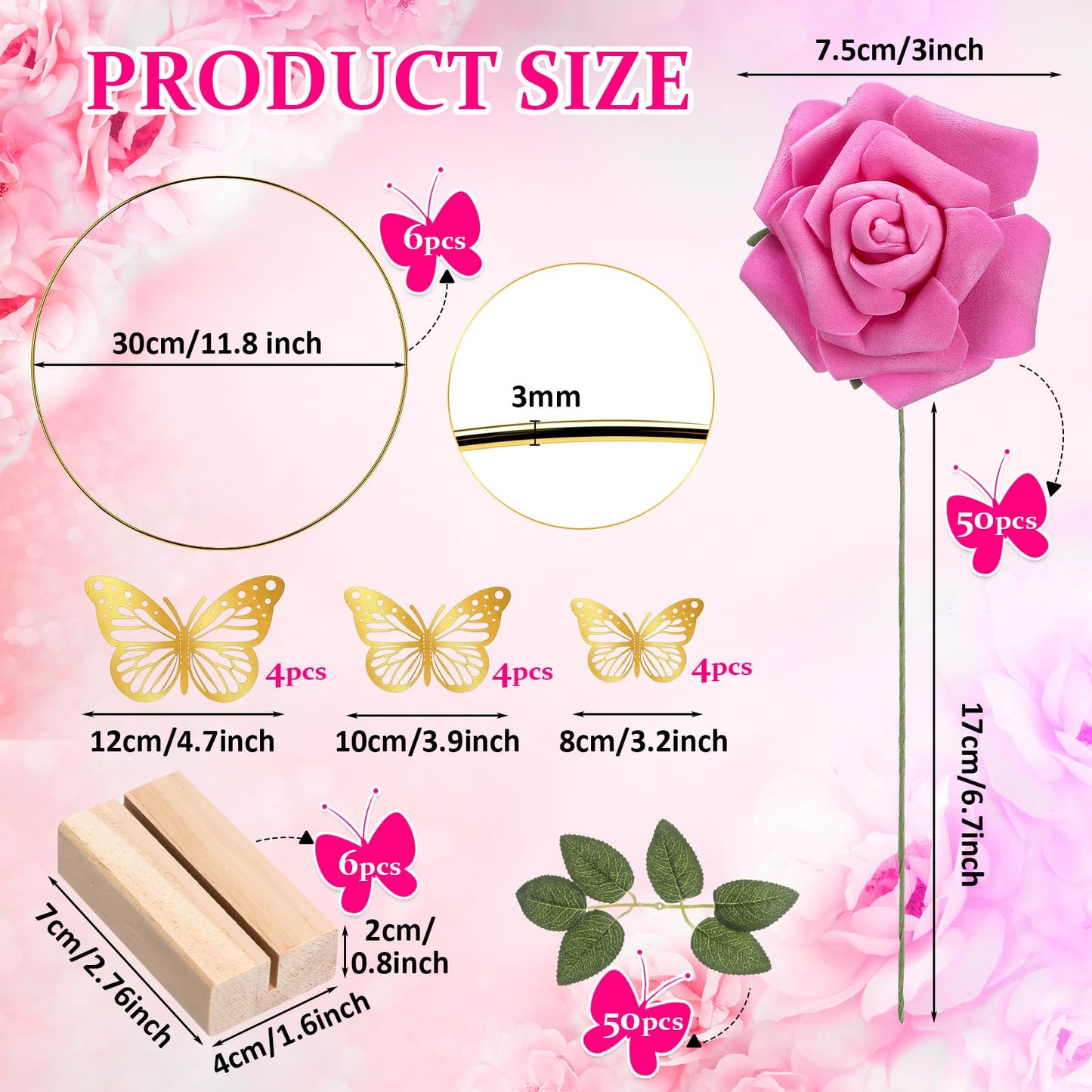 Suncalla 6 Pack Floral Hoop Centerpieces Table Decorations Kit Include 6 Metal Wreath Ring with 6 Wood Base 50 Rose Flower 12 Faux Butterfly for DIY Home Wedding Table Decor (Gold Hoop, Fuchsia Rose)
