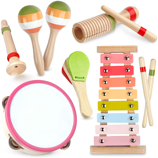 Baby Musical Instruments - Montessori Wooden Musical Toys for Toddlers 1-3, Xylophone Maracas Tambourine Percussion Set, Kids Preschool Music Learning Toys, Educational Birthday Gifts (Rainbow)