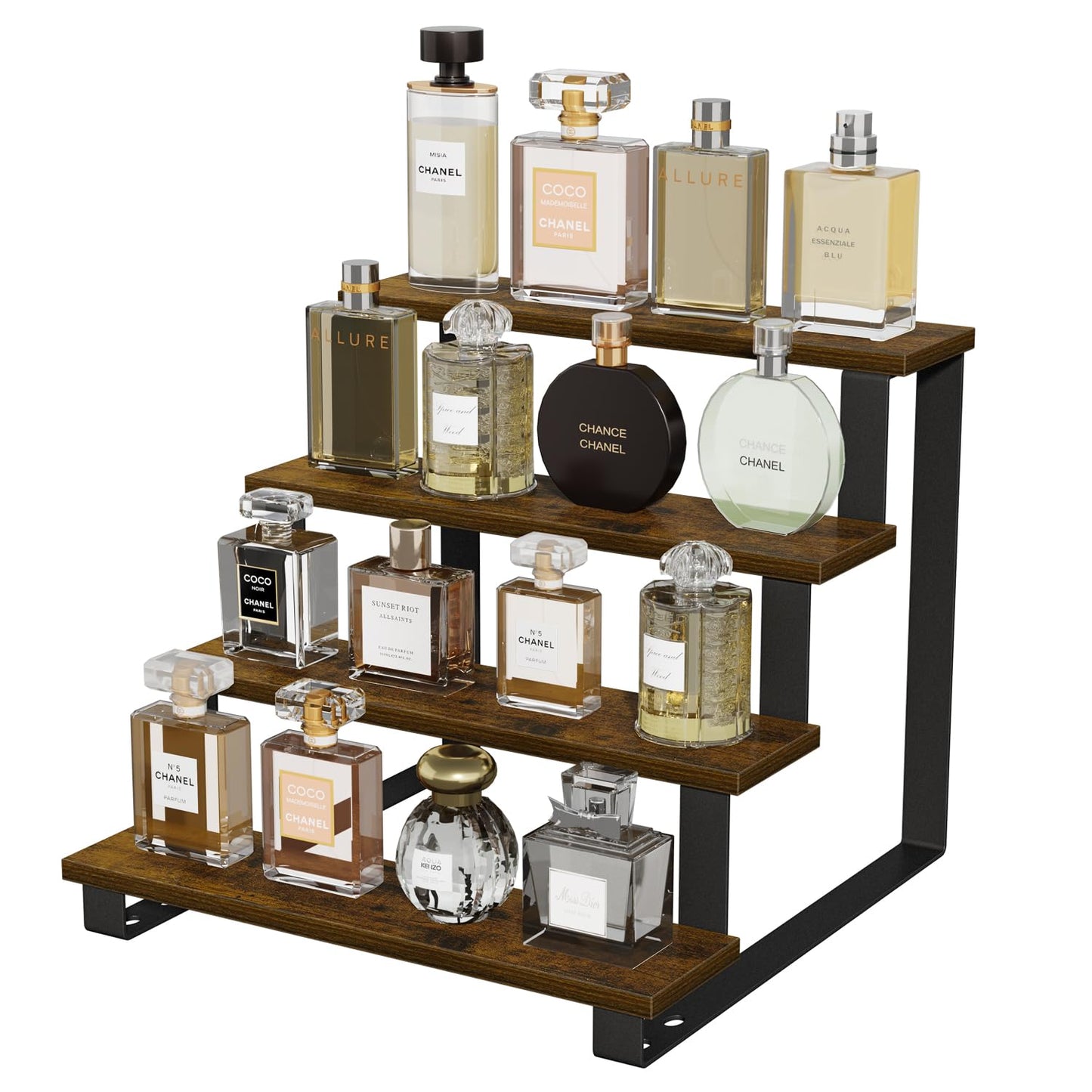 YINMIT Wooden Display Riser Stand,15.75 Inch Tiered Perfume and Cologne Organizer Stand, 4 Tier Spice Rack Organizer, Rustic Display Shelf for Cupcake, Figures, Candles (4 Tier Brown, 15.75 In)