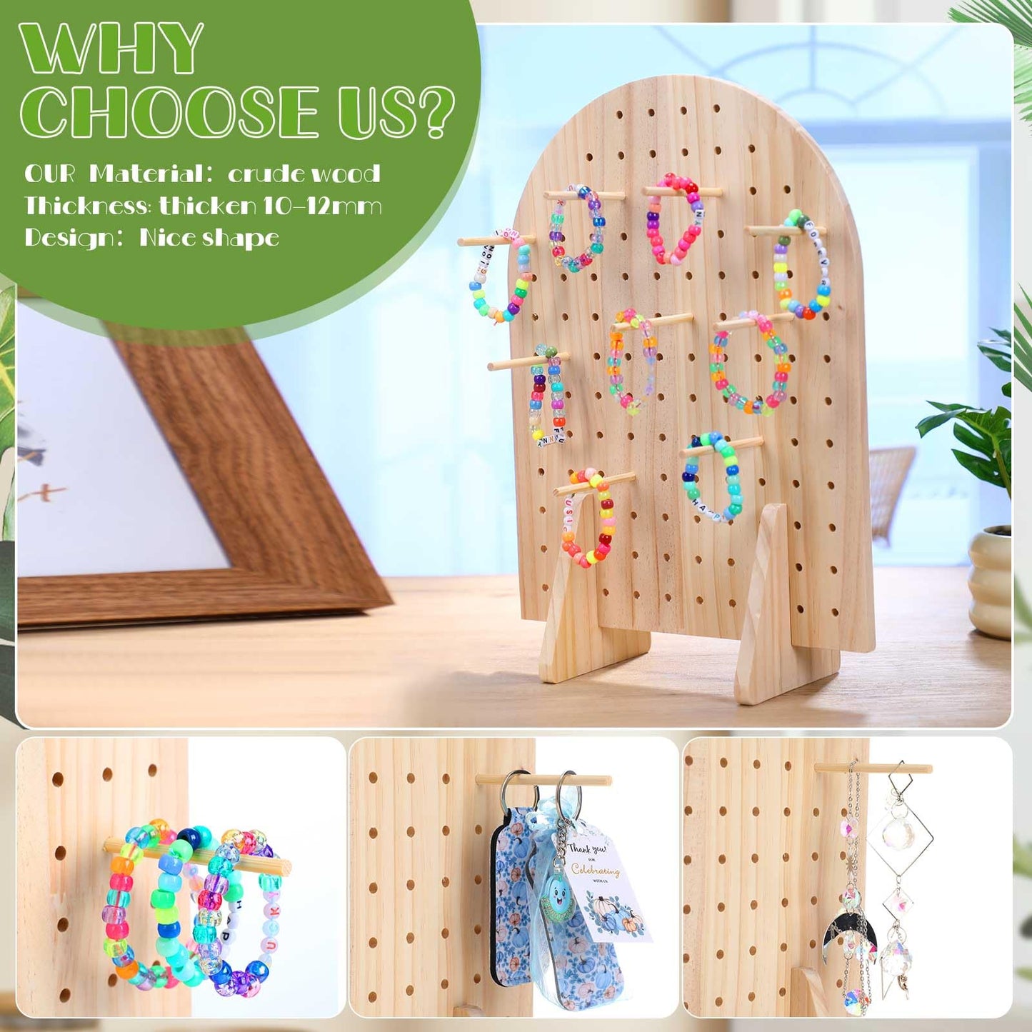 Colingmill 1 Set Keychain Display Stand Wooden Pegboard Display Stand with 25 Pcs Dowel Rods Oval Bracelet Organizer Holder for Jewelry, Craft Shows, Necklace, Selling, 15.75" x 11.81" (Wood)