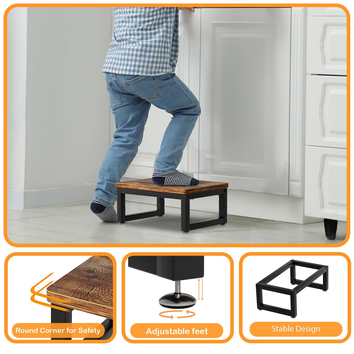 Wooden Step Stools with Anti Slip Pat for Adult, Heavy Duty Bedside Foot Stools with 400-LBS Capacity for High Beds, 7" Tall Bed Steps for Bedroom Kitchen Bathroom, Rustic Brown