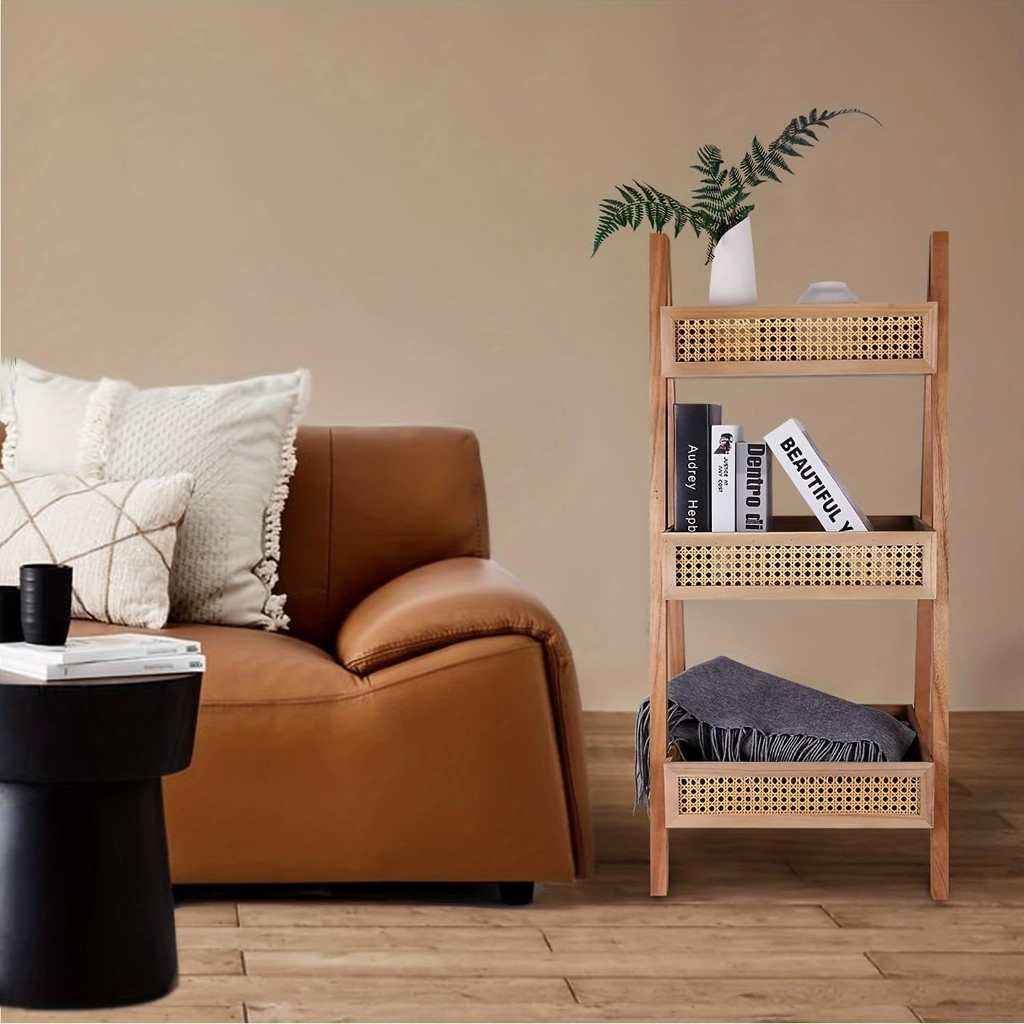 Free Standing Bookcase, Blanket Ladder, Ladder Bookshelf, 3-Tier Rattan Bookshelf, Wood Organizer Storage Shelves for Living Room Bedroom Kitchen Bathroom Balcony and Home Office