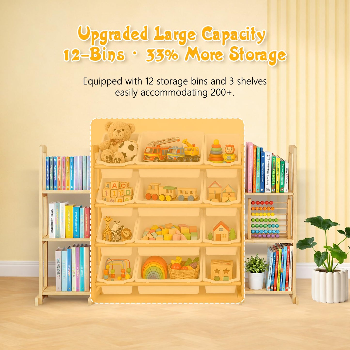 Etitlly Toy Storage Organizer with Bookshelf – Wooden Toy Organizer with 12 Toy Bins & 6 Tier Bookcase,Quick Assembly Kids Bookshelf,Toy Bin for Playroom, Bedroom, Nursery– White