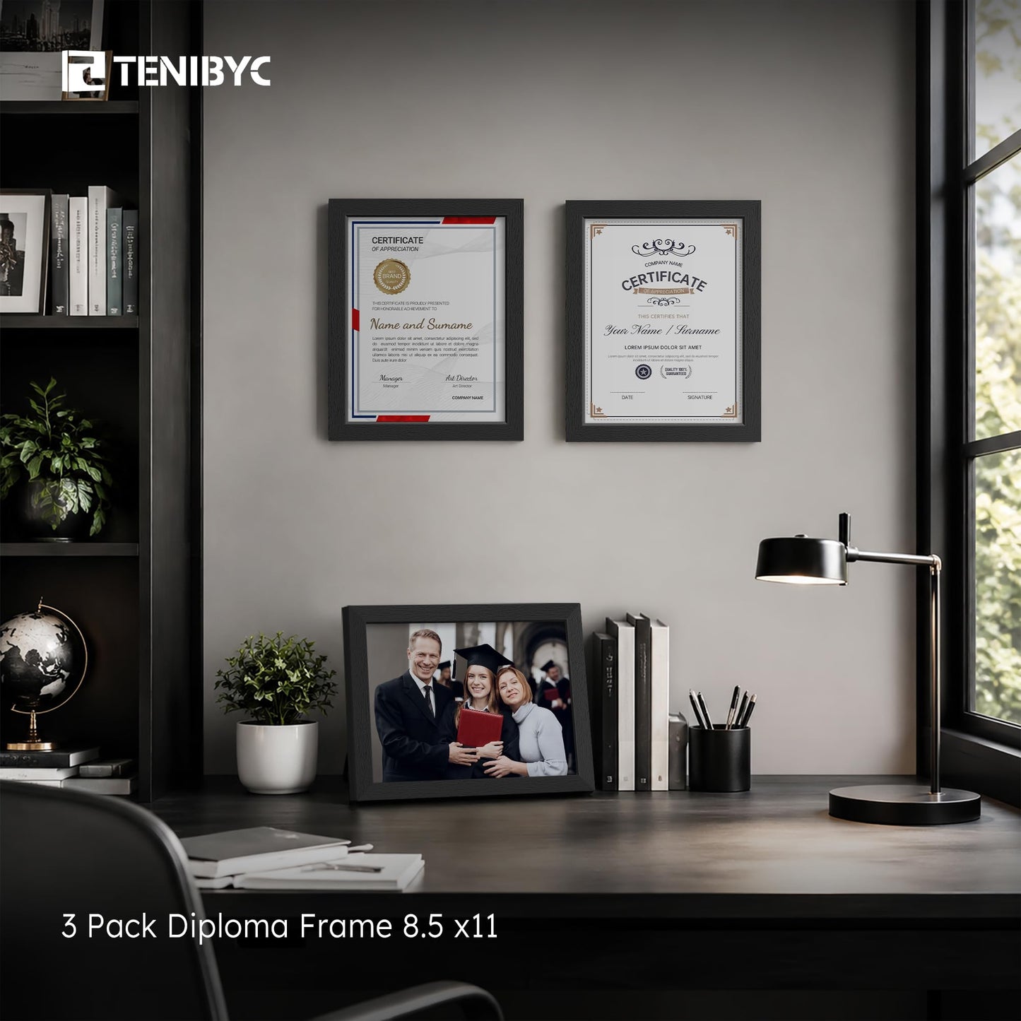 TENIBYC 8.5 by 11 Picture Frame Set of 3 - Black Woodgrain, HD Tempered Glass, Certificates & Awards, Table Display or Wall Hanging