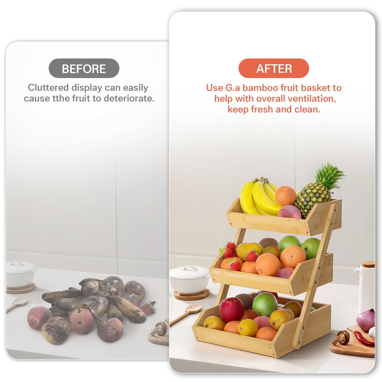G.a HOMEFAVOR Bamboo Fruit Basket, Fruit Organizer for Kitchen Counter, Vegetable Storage Stand, 15 mm Thickness (Self-assembly)