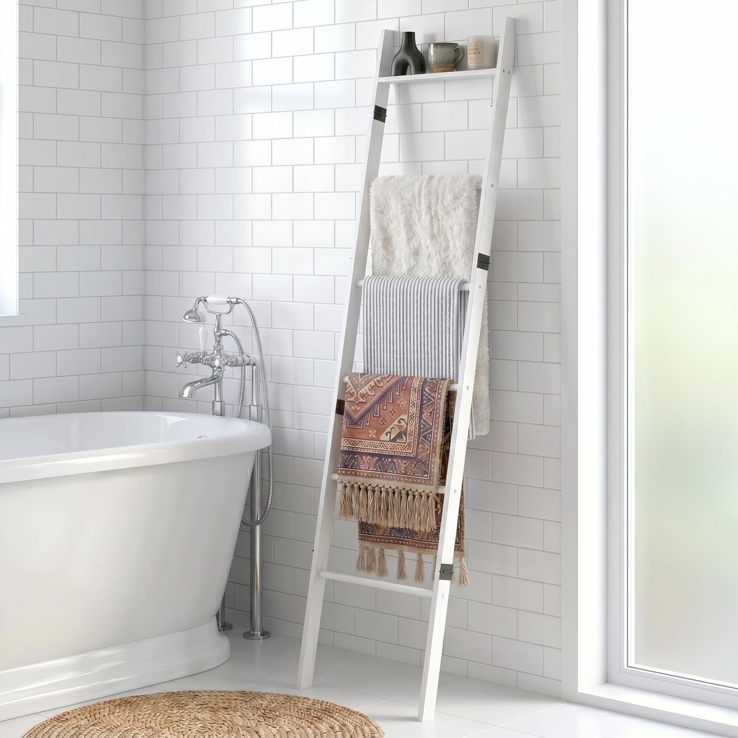 Plusinthebox 6 Tier Blanket Ladder with Shelf, Wooden Blanket Rack for Living Room, Leaning Towel Ladder Rack for Bedroom, Bathroom, Quilts, Throws, Towels and Farmhouse Décor White