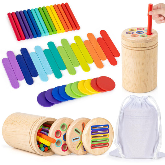 LILUONGS Montessori Toys for 3 4 5 Year Old, 3 in 1 Wooden Color Sorting Toys, Preschool Learning Activities Fine Motor Skills Sensory Toys for Toddlers