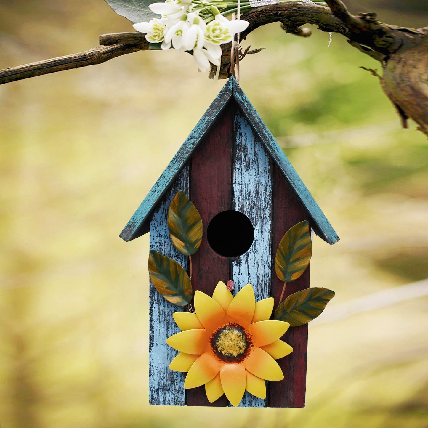 Wood Decorative Bird House for Outside Hanging Hummingbird House, Wooden Hand Painted Small Bird House Outdoors Garden Décor, Hanging Bird House for Finch Bluebird Wren Chickadee (Blue)
