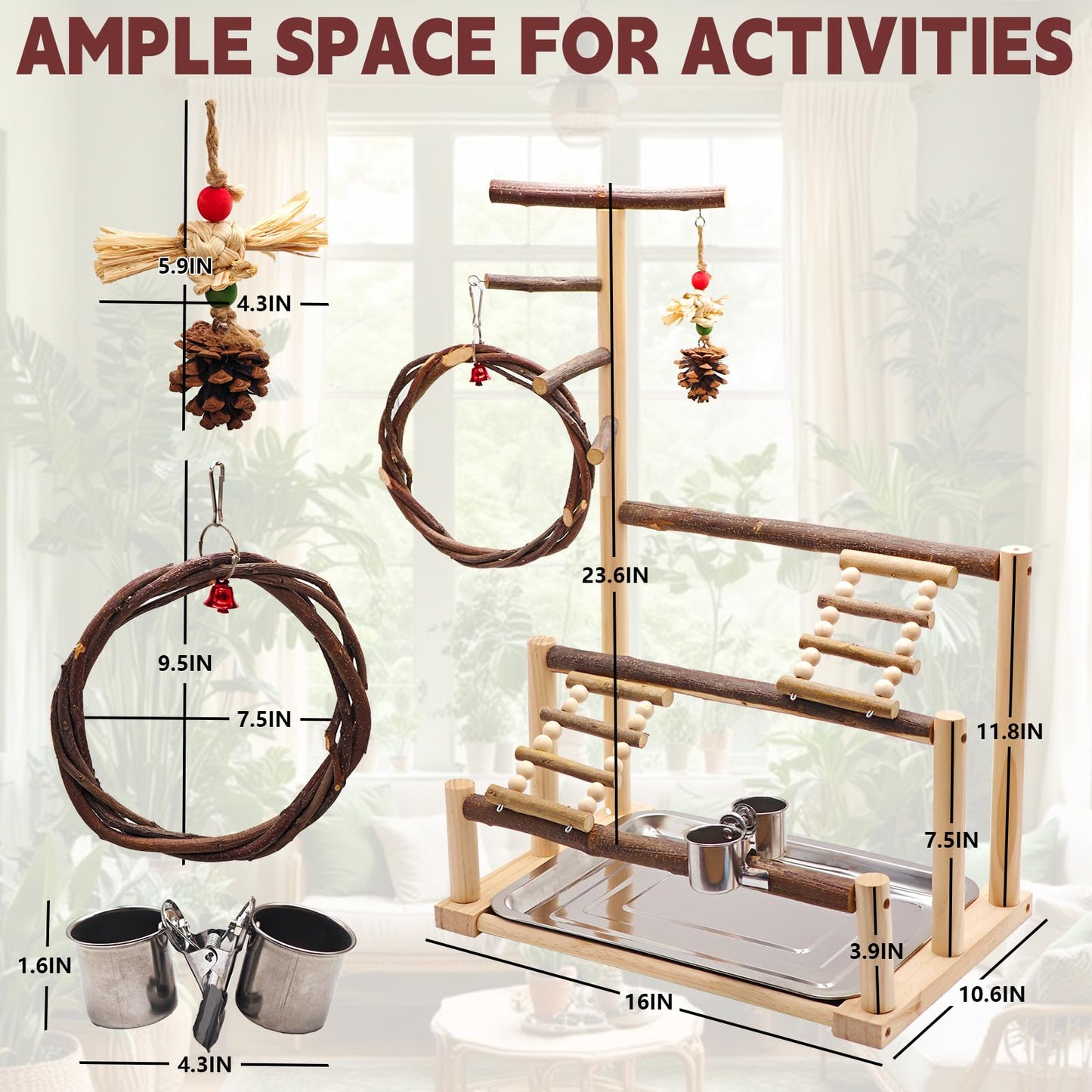 Bird Playground, Natural Wooden Parrot Stand Suitable for Small and Medium Birds, with Feeding Cups, Swing, Chew Toys,Bird Perch Ideal for Parakeets, Budgerigars,Canaries,Conures