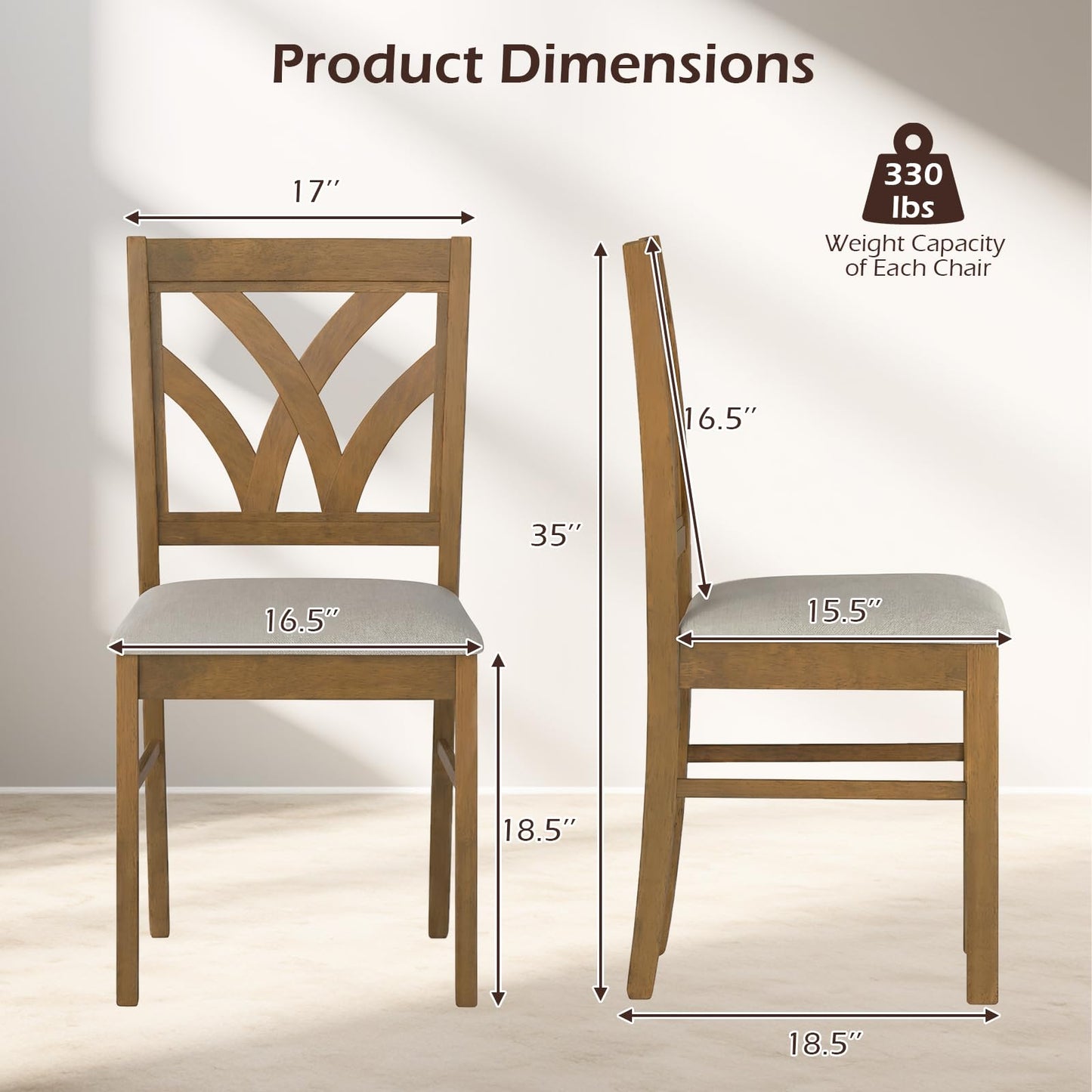 Giantex Wooden Dining Chairs Set of 2, Farmhouse Upholstered Kitchen Chairs with Solid Rubber Wood Frame, Hollowed Backrest & Soft Padded Seat, Armless Accent Side Chairs for Dining Room, Oak