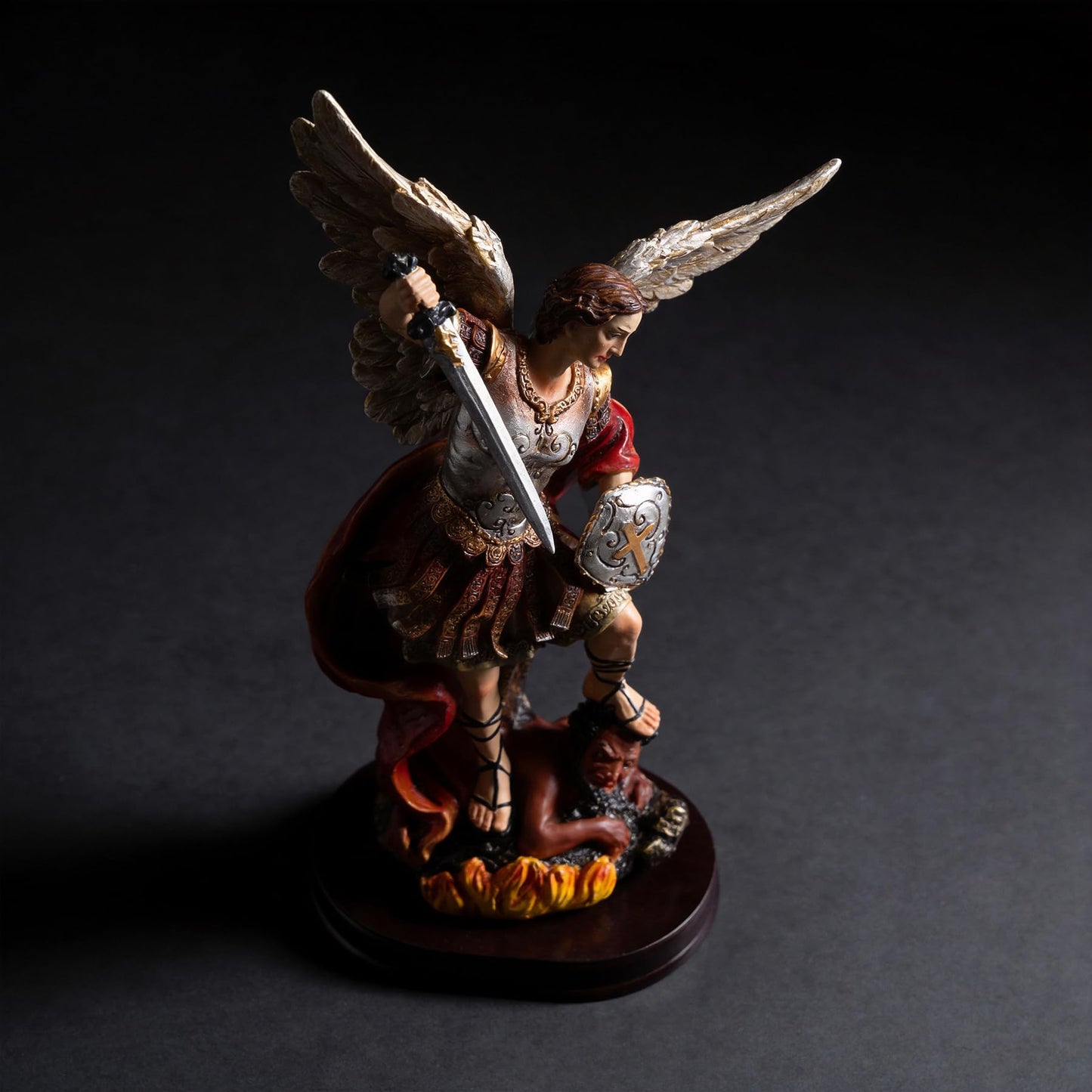 ASTARIKO Catholic St. Michael the Archangel Statue - 11.2” H Hand-Painted Resin Figurine on Premium Wooden Base, Saint Michael Defeating Satan Religious Gifts for Home Decor