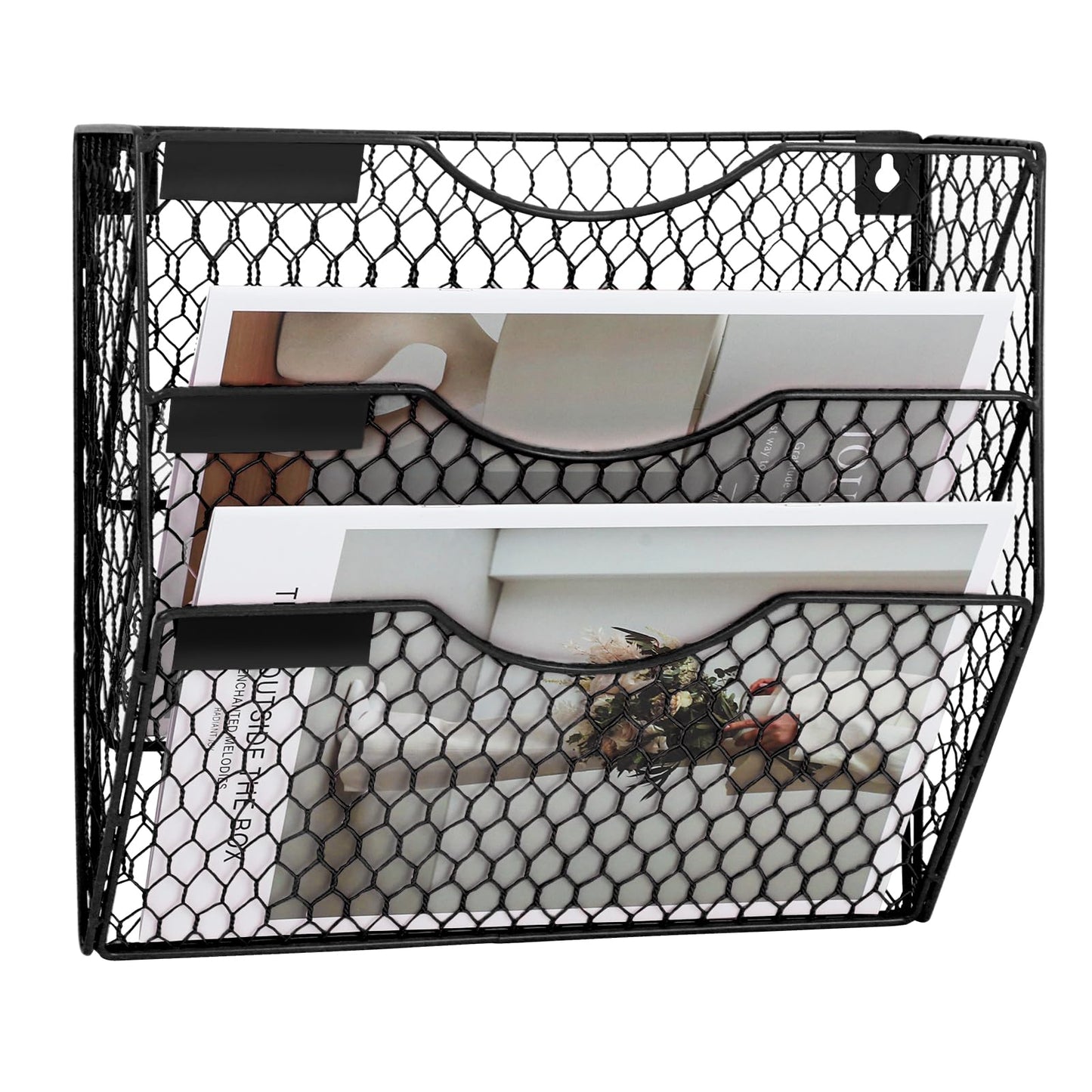 EASEPRES Mail Organizer Wall Mount Hanging File Holder Storage, Metal Chicken Wire Magazine Rack 3 Tier, Black