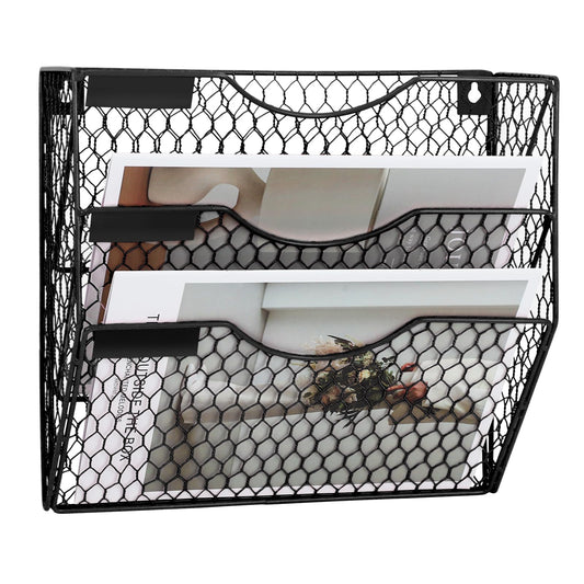 EASEPRES Mail Organizer Wall Mount Hanging File Holder Storage, Metal Chicken Wire Magazine Rack 3 Tier, Black
