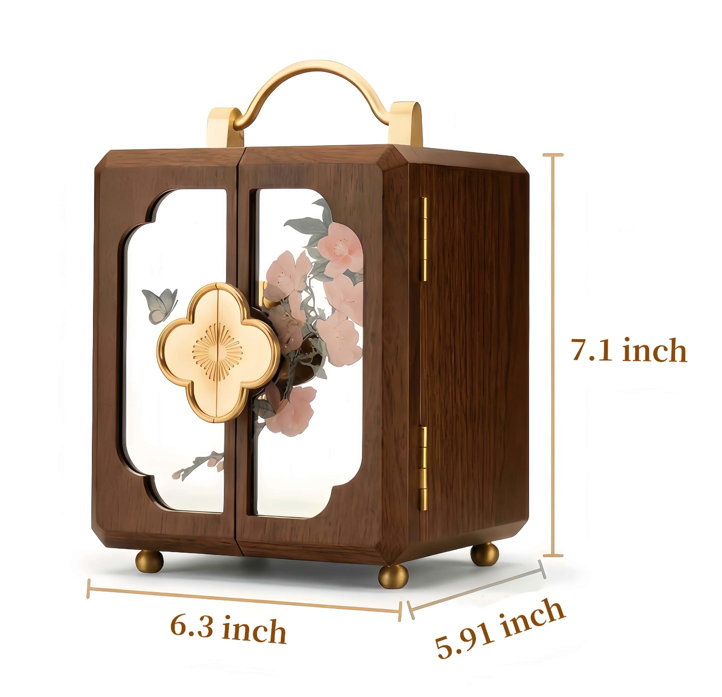 XYittkl Black Walnut Jewelry Box,Handmade Wooden Jewelry Organizer, 4-layer Jewelry Holder with Velvet&Gold Handle, Gifts for Women Mother's Day Anniversary Birthday, Mirrored Floral Window Design