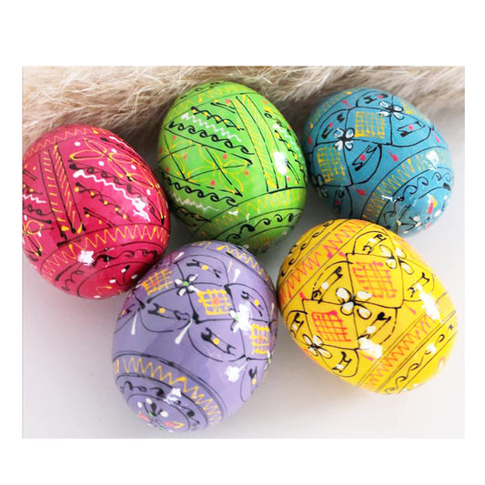 Needzo Pysanky Pisanki Hand Painted Wooden Easter Eggs Pastel Colors Ukrainian Pack of 5, Easter Decorations Gifts for Kids and Adults