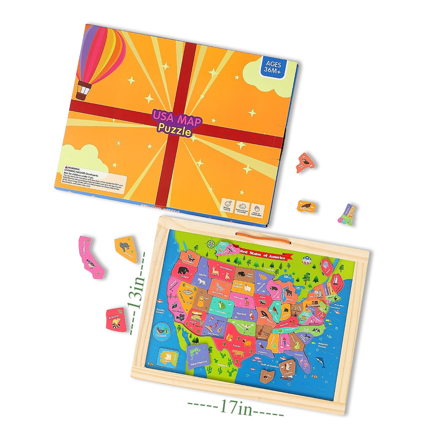GRINNIE USA Map Puzzle for Toddlers 3 4 5 Years Old, Magnetic Wooden Jigsaw Learning Puzzle with Writing Board for Kids Age 4-6, Preschool Educational Toy Gift for Boys Girls Birthday Christmas