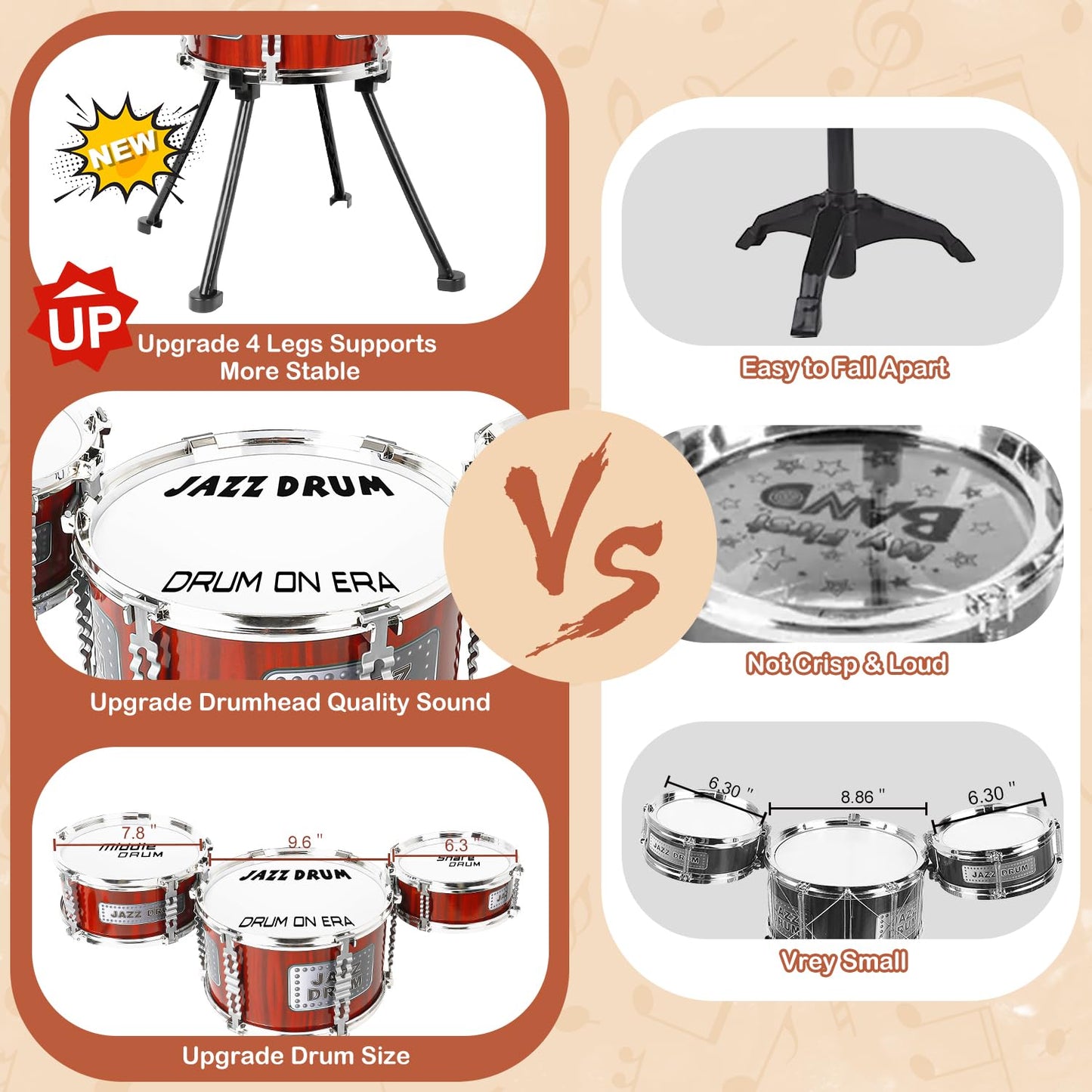 Kids Drum Set Music Toy Drum Set for Toddlers Ages 3-5 Jazz Drums Kit with Stool, 3 Drums Percussion Musical Instruments Toys for 3 4 5 Year Old Boys Girls Gifts