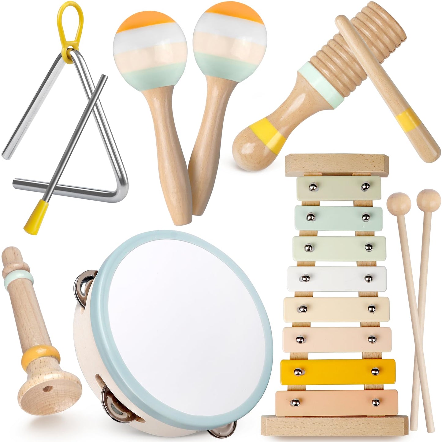 Baby Musical Instruments - Toddler Musical Toys Montessori Wooden Xylophone Maracas Tambourine Percussion Set for 18+ Months, Kids Educational Music Learning Toys, Birthday Gifts for Boys Girls