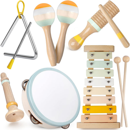 Baby Musical Instruments - Toddler Musical Toys Montessori Wooden Xylophone Maracas Tambourine Percussion Set for 18+ Months, Kids Educational Music Learning Toys, Birthday Gifts for Boys Girls