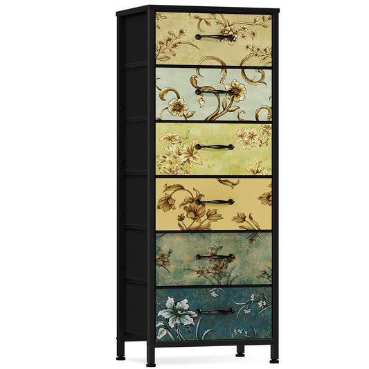 Furnulem Tall 6 Drawers Dresser, Vintage Storage Organizer Unit with Fabric Bins for Bedroom, Living Room, Closet, Nusery, Dorm, Entryway, Bedside Furniture, Sturdy Metal Frame, Wood Top
