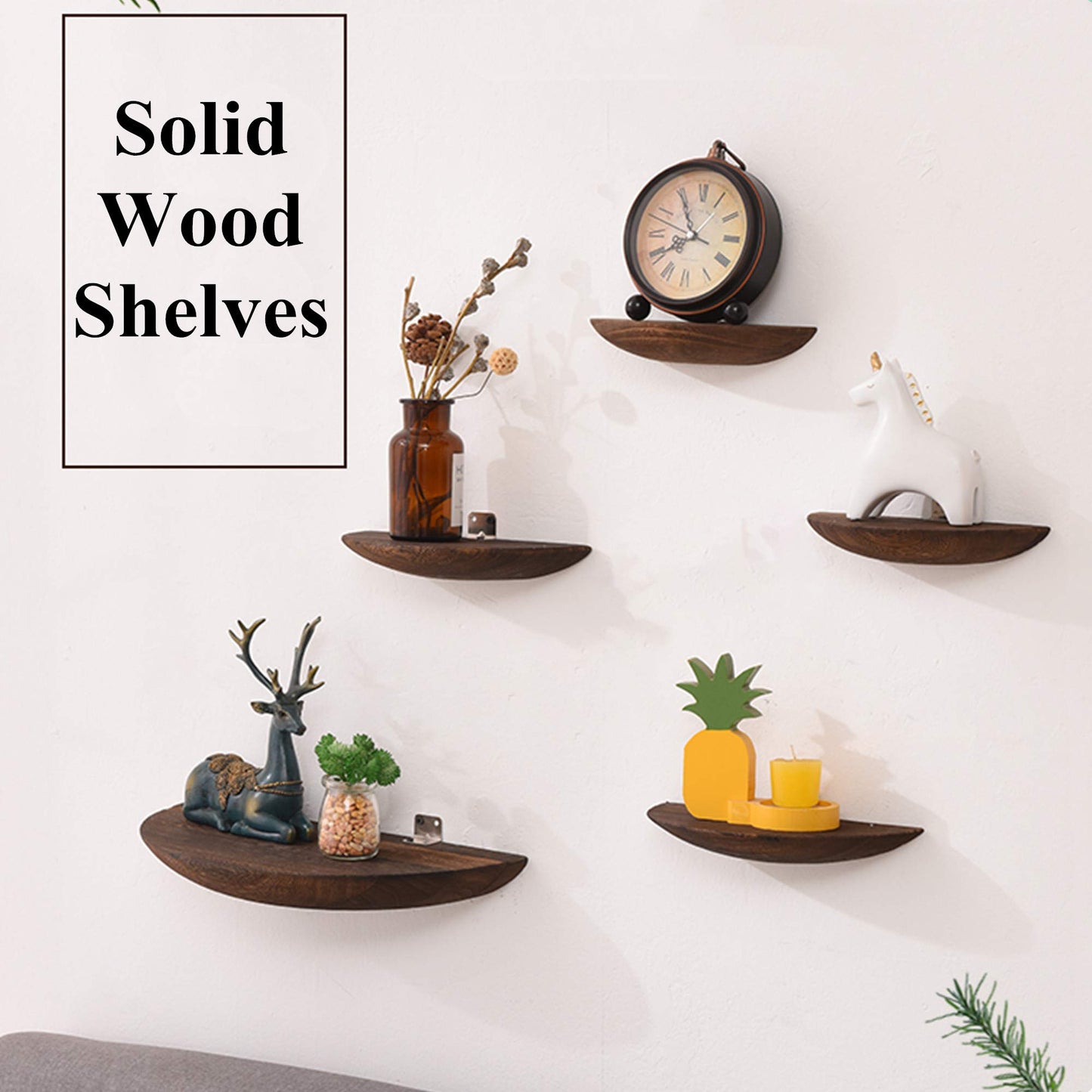 GWMWON Floating Shelves Wall Mounted, Solid Wood Wall Storage Shelves, Semi-Circle Floating Shelf, for Bedroom, Living Room, Bathroom, Kitchen, Office,Wood Color,Small