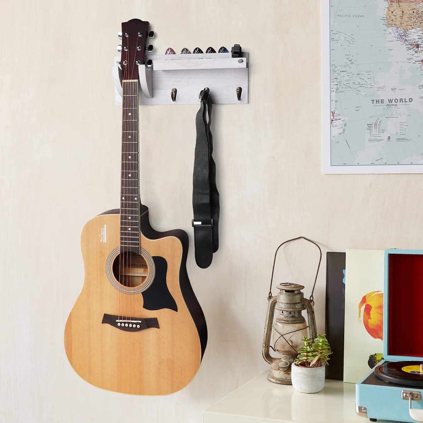 Bikoney Guitar Wall Mount Hanger with Shelf, Guitar Holder Wall with Pick Holder and 3 Hooks, Guitar Stand Wall for Acoustic, Electric, Bass, Ukulele, Vintagte White [U.S. Patent]