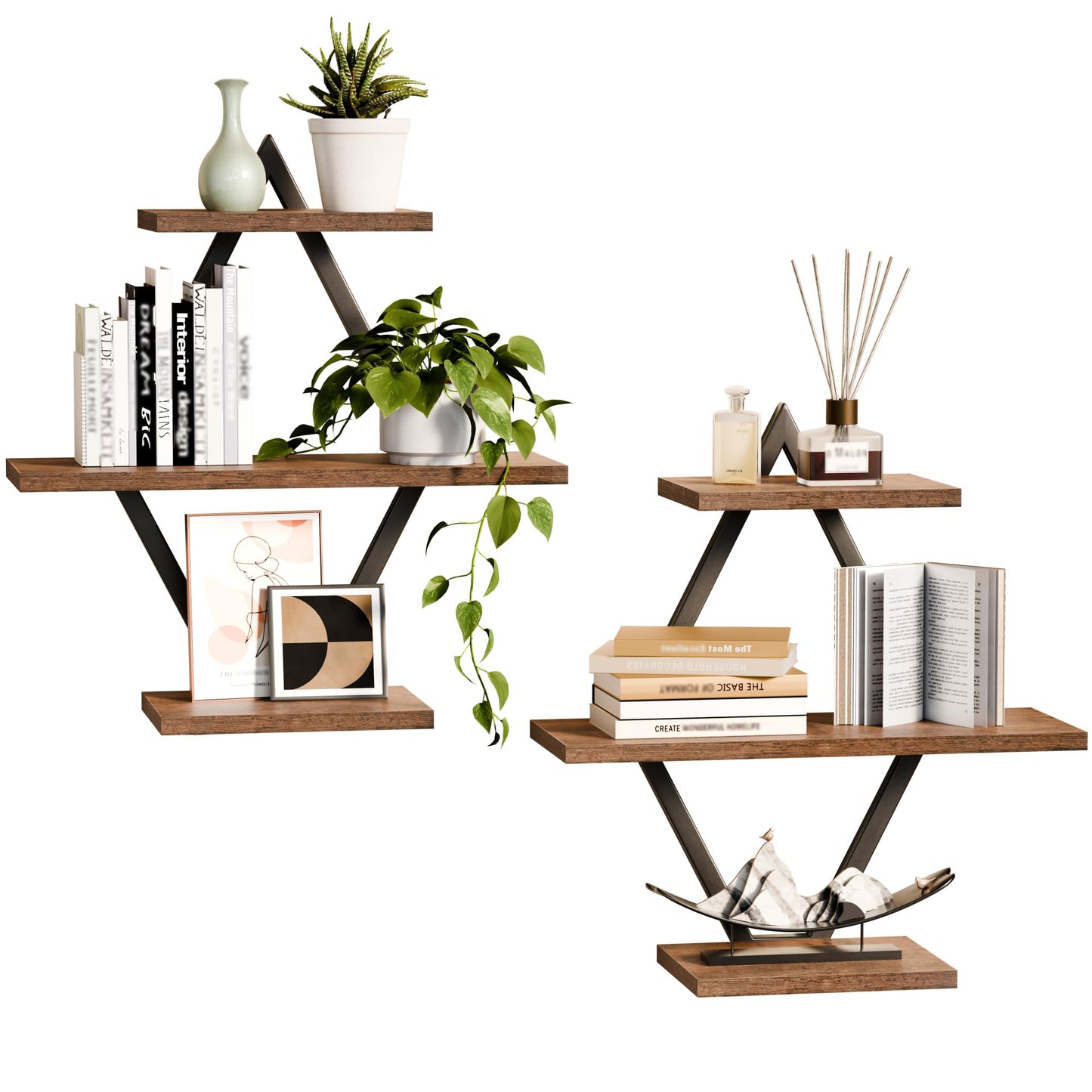 iFaveorr Floating Shelves, Wall Shelf Set of 2, Wall Mounted Shelves, 3-Tier Hanging Wall Shelves for Bathroom, Living Room, Bedroom, Kitchen, Office (Rustic Brown)