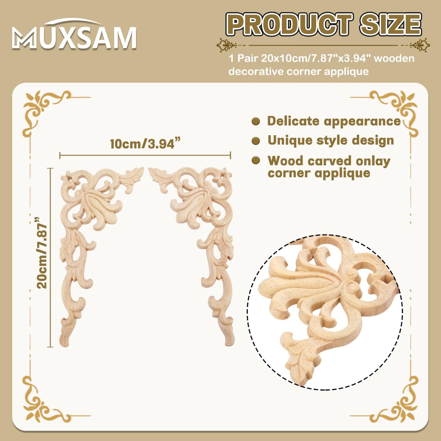 MUXSAM 1-Pair Wood Carved Onlays, 20x10cm/7.87"x3.94", Left&Right Decorated Furniture Appliques, Wooden Carving Corner Decals for Cabinet Drawer Cupboard Dresser Mirror Door Wall Bed DIY Projects
