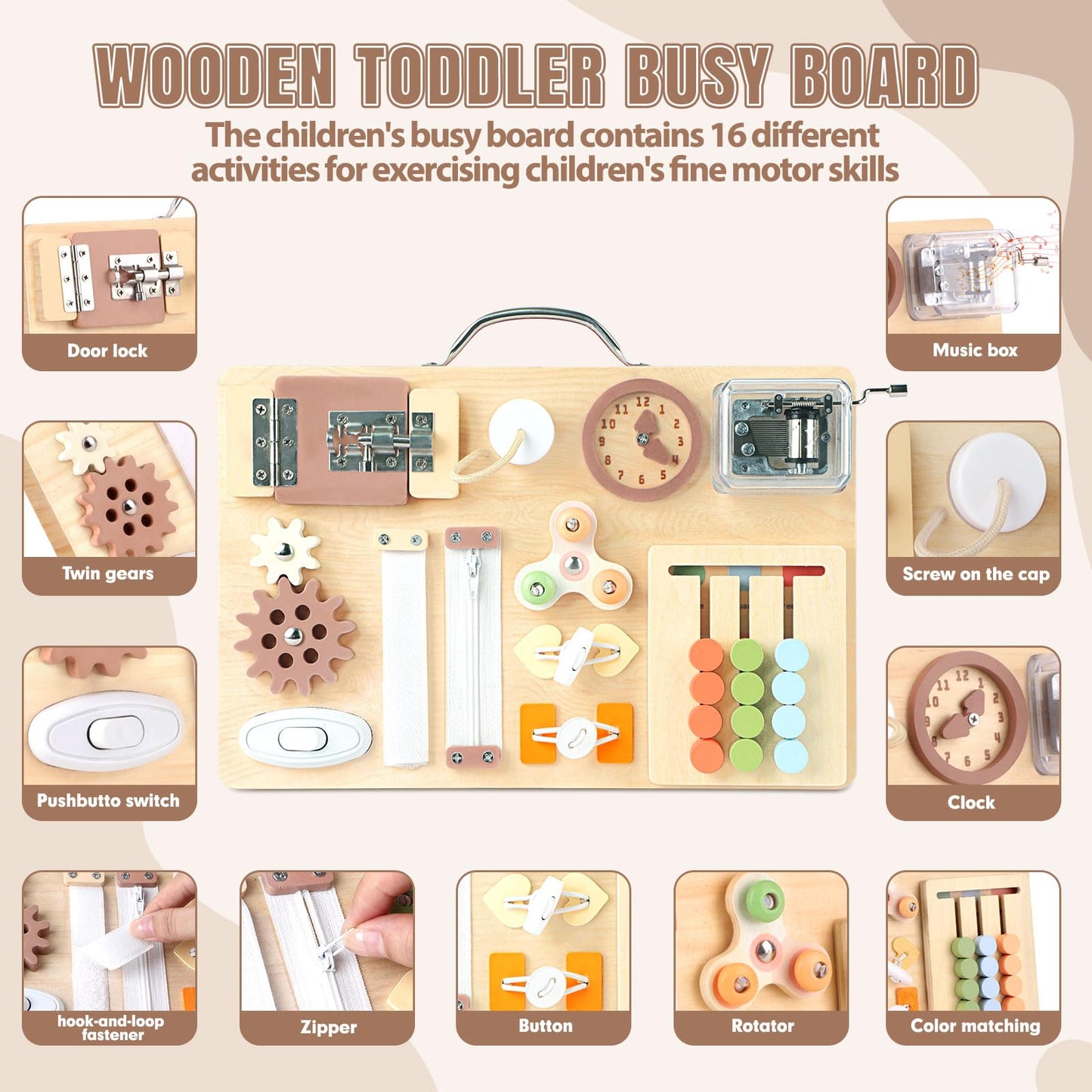 Hoarosall Montessori Busy Board for Toddlers 16-in-1 Wooden Sensory Activity Board with Music Box Fine Motor Skills Learning Toy Preschool Educational Travel Gift for Boys Girls Ages 1-3