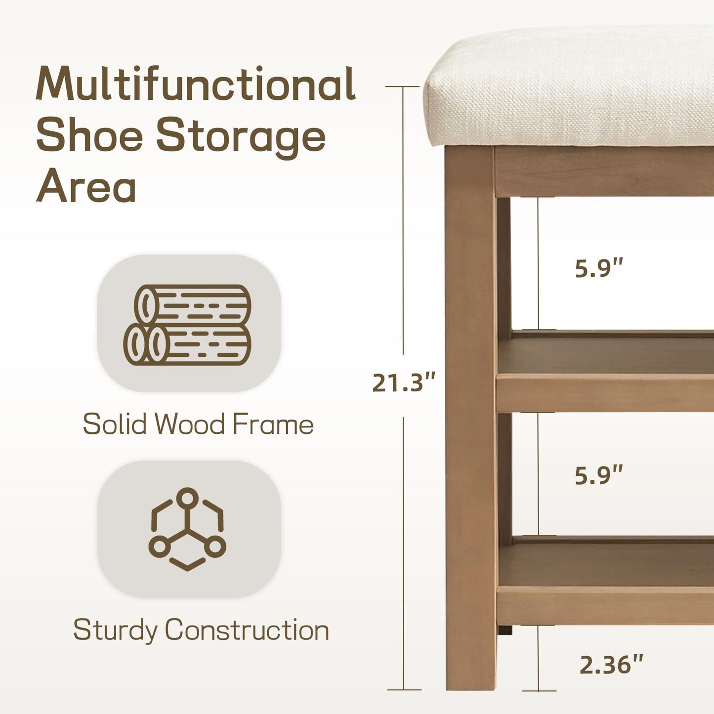 Zihanhome 2 Tier Shoe Rack Bench with Cushion, Solid Wood Shoe Benches, Mid-Century Modern Shoe Storage Bench for Entryway, Hallway, Living Room, Closet, Front Door Entrance, (Beige, 31.5")